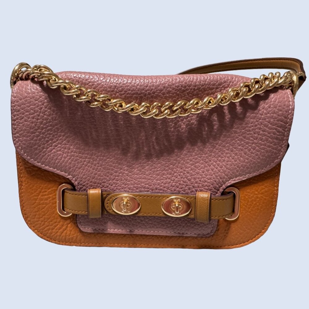 RARE Coach Colorblock Pebble Leather Shoulder Bag – Pink/Tan with Chain Strap